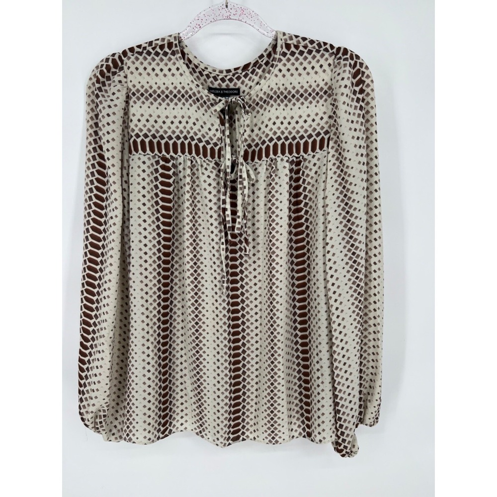 Chelsea & Theodore Blouse Women Sz M Brown and‎ White Career Pullover Top